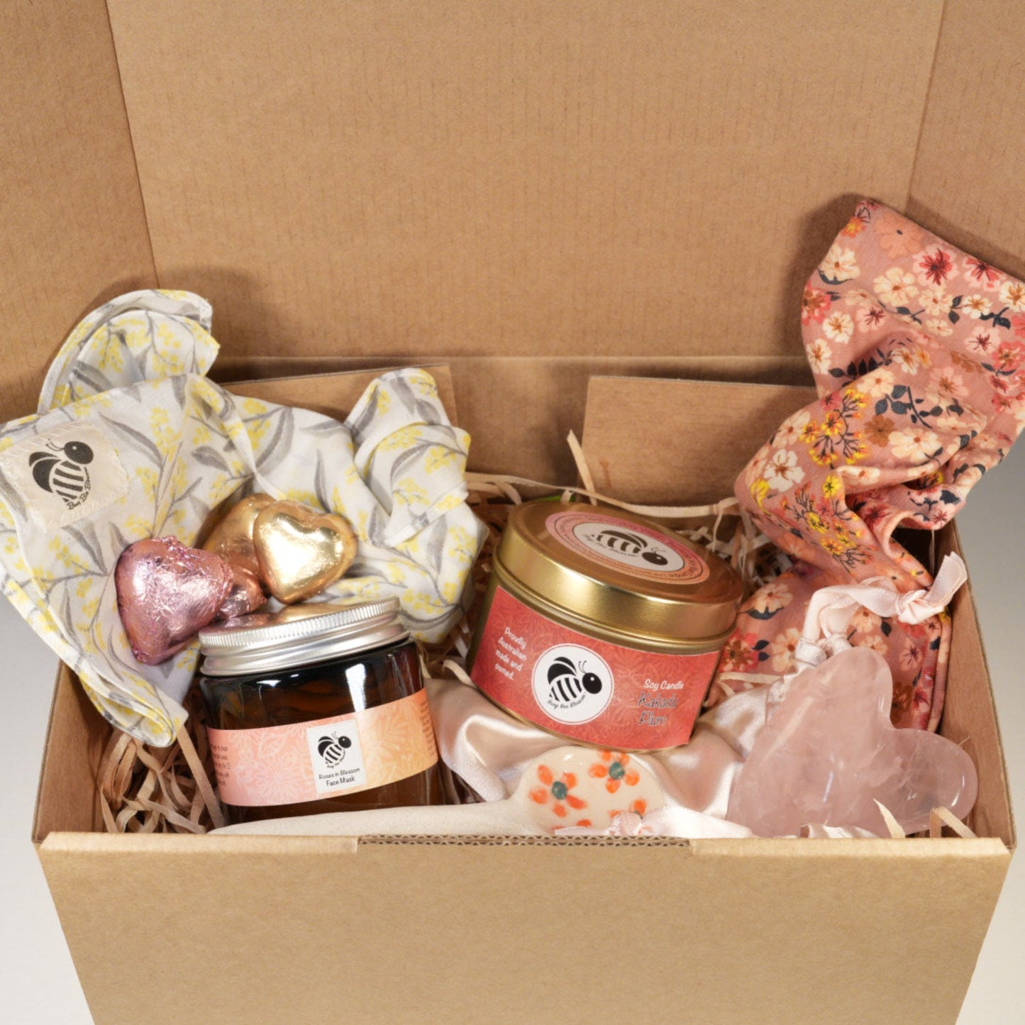 Face Mask Gift Set with Roses in Blossom Mask, Ceramic spoon, Candle, Headband, face cloth, Gua Sha