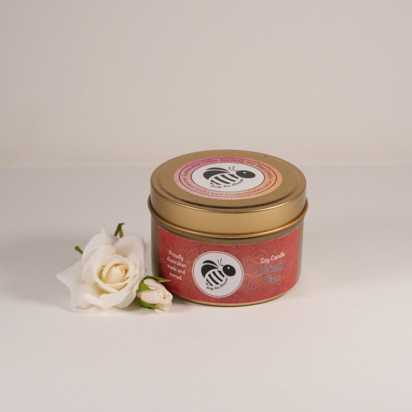 Kakadu Plum Gold Travel Tin Soy Candle with roses