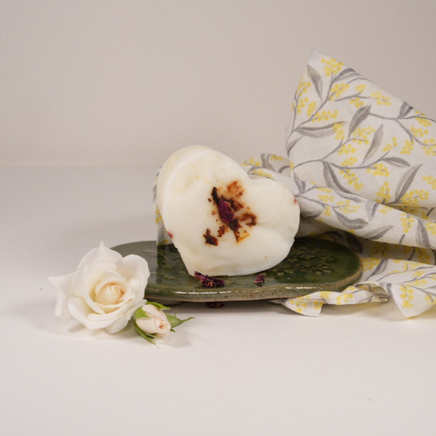 Ocean Cleansing Soap Heart on oval olive green soap dish with wattle face cloth