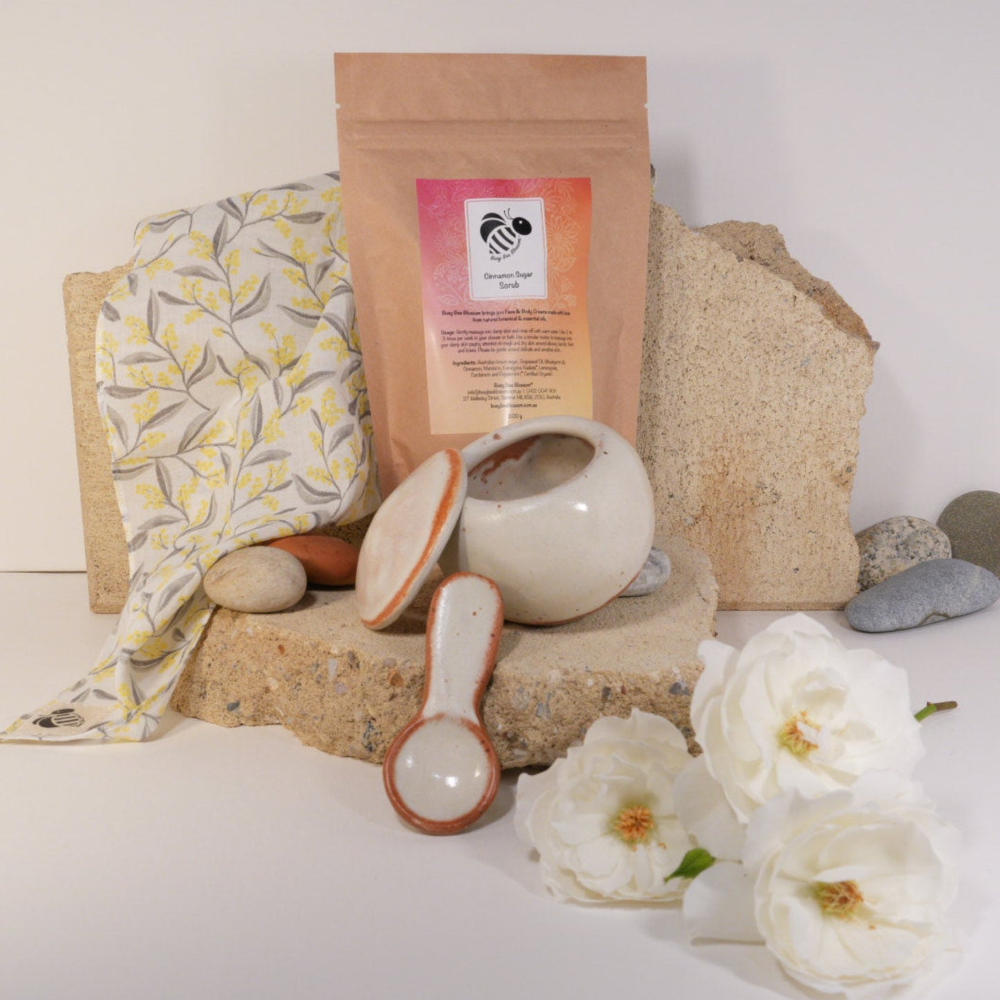Spoonful of Sugar Gift Set contains Body scrub, ceramic bowl, spoon and muslin face cloth.