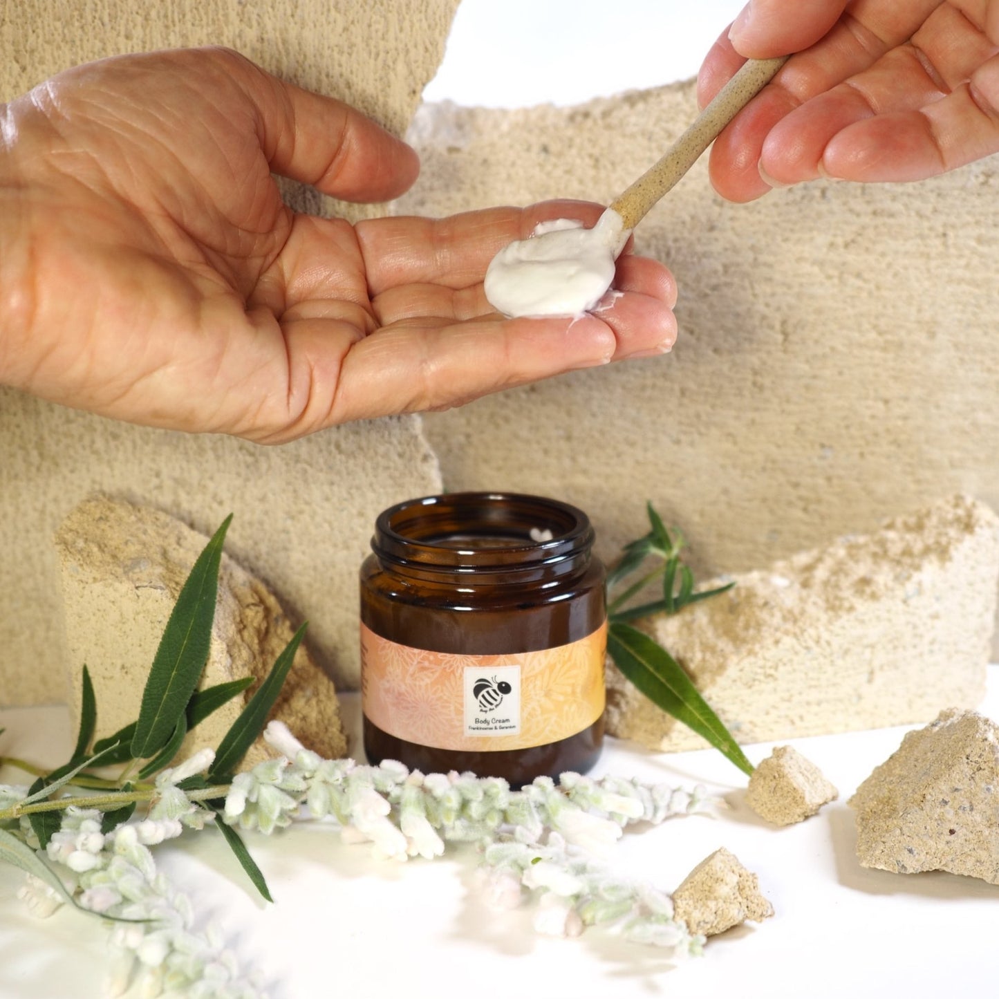 Hands showing Frankincense and Geranium Repair Body Cream