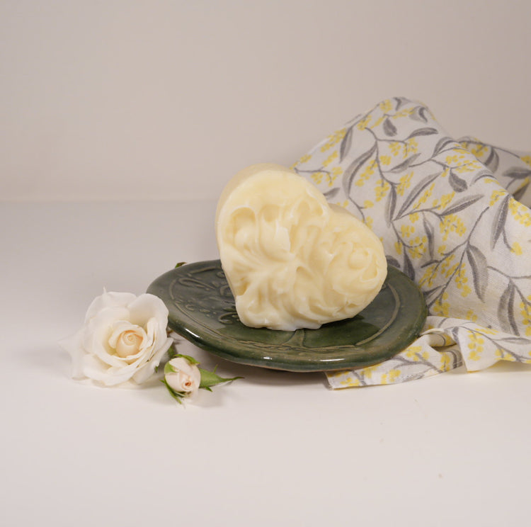 Eucalyptus Cleansing Bar Soap with ceramic soap dish and wattle leaf organic face cloth