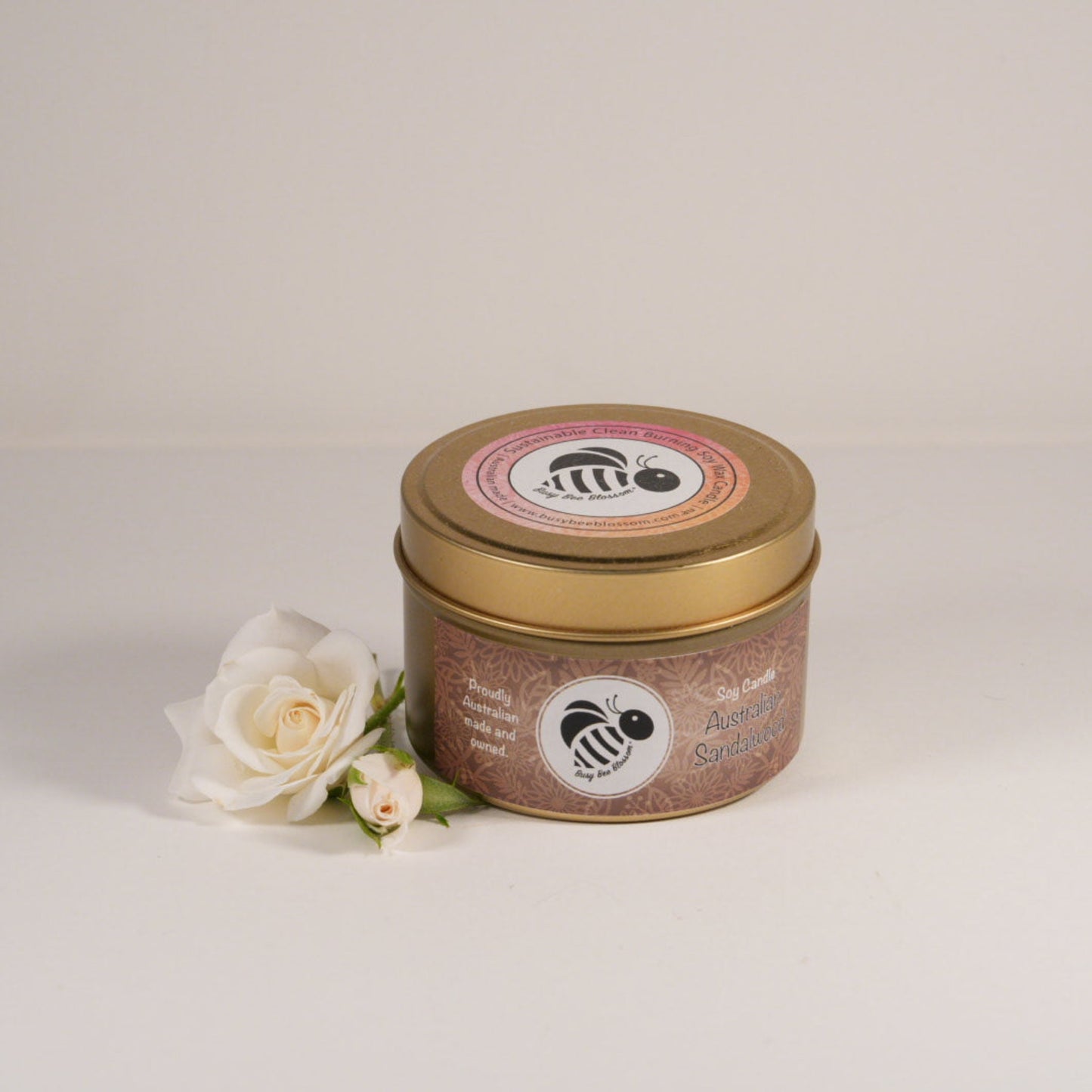 Australian Sandalwood Gold Travel Tin Soy Candle with roses