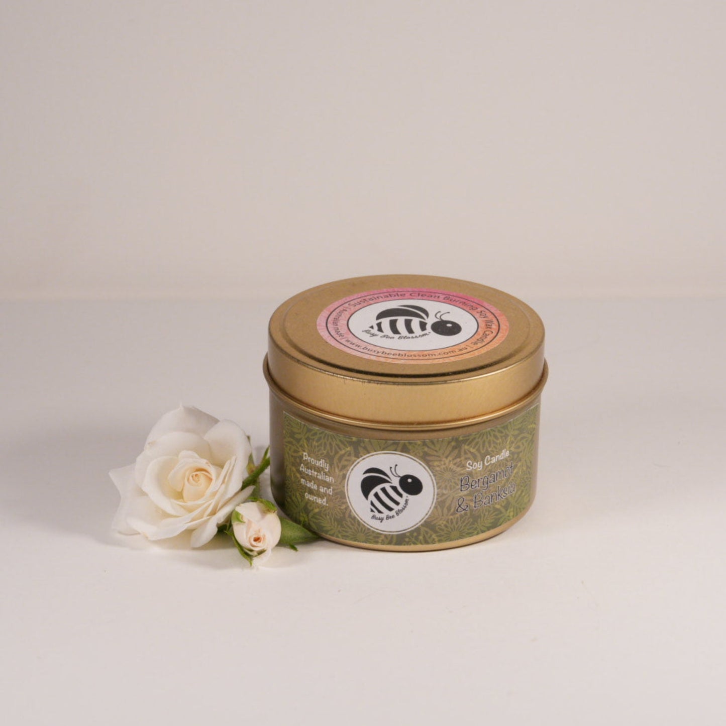 Bergamot and Banksia Gold Travel Tin Soy Candle with roses