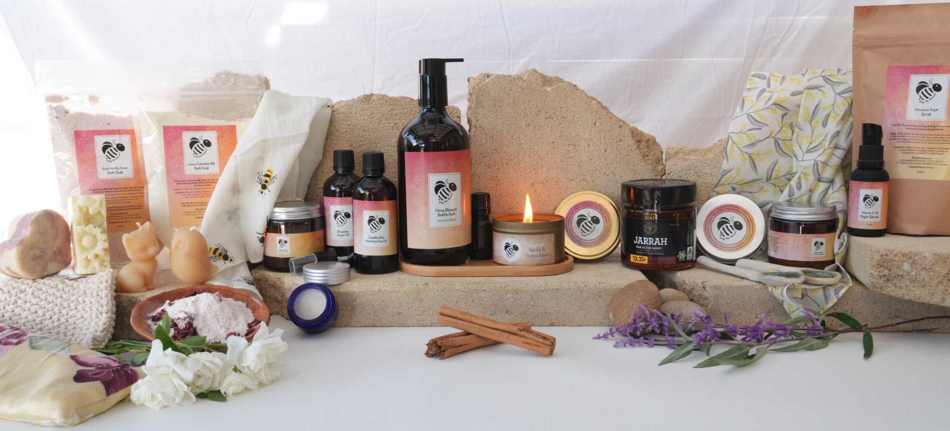 Busy Bee Blossom's range of natural botanical skincare, textiles and eco-friendly candles