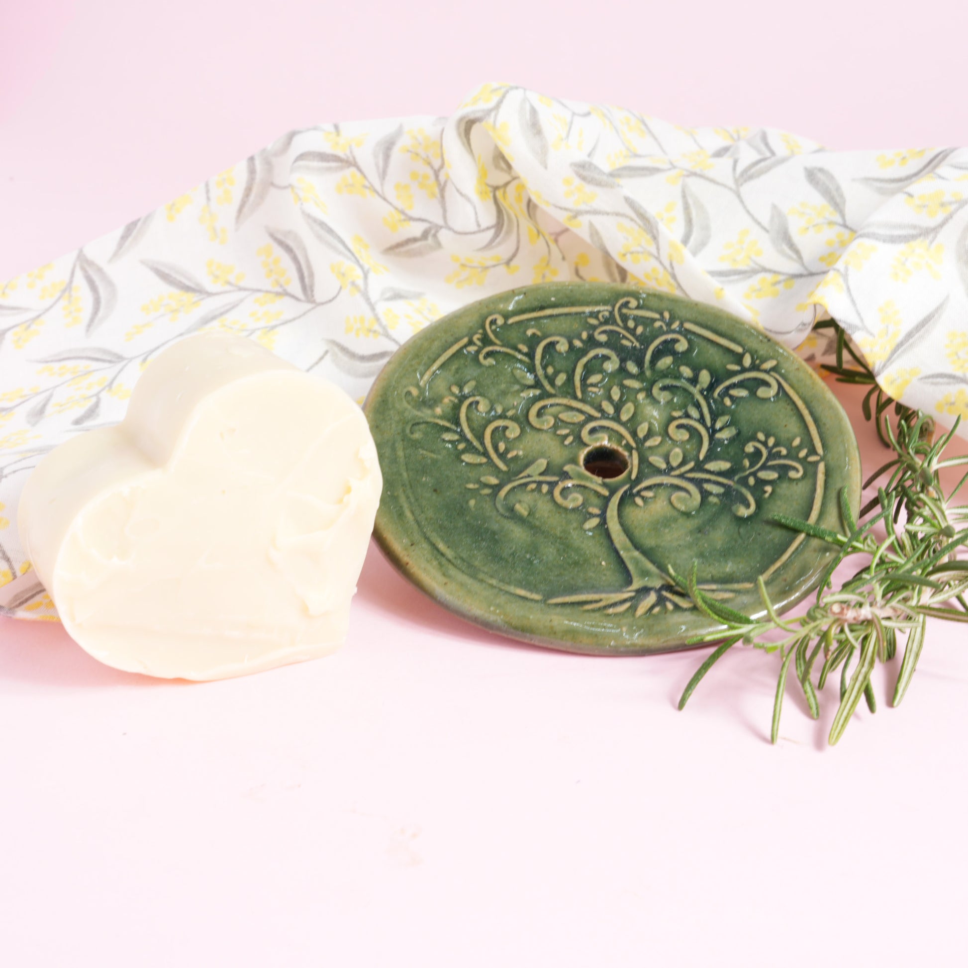 Ceramic soap dish and rosemary soap gift set