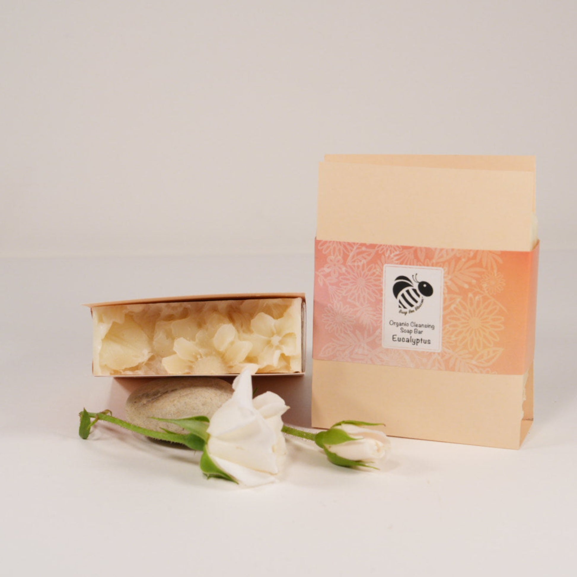 Eucalyptus Cleansing Soap Bars in labelled sleeve allows viewing of product while allowing them to air.