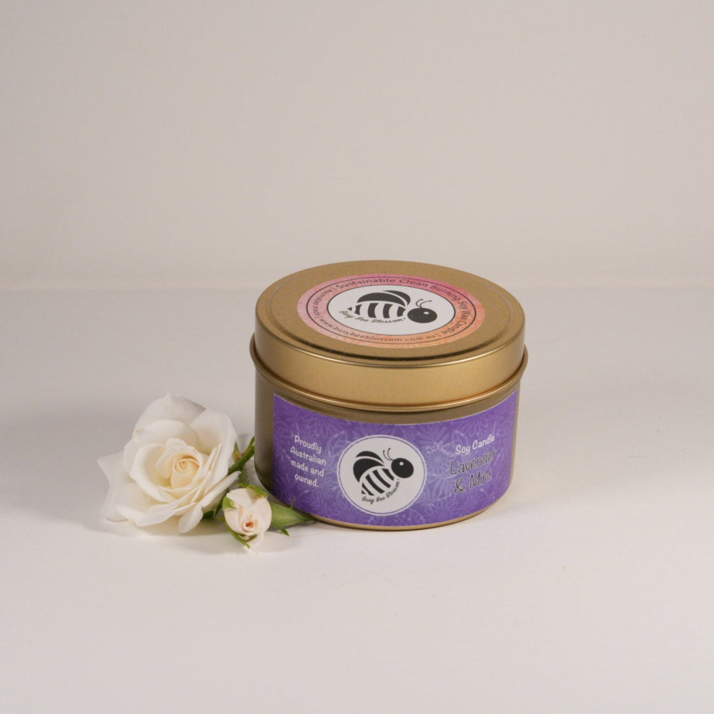 Lavender and Mint Gold Travel Tin Soy Candle with roses
