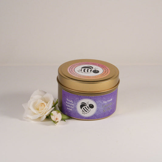 Lavender and Mint Gold Travel Tin Soy Candle with roses