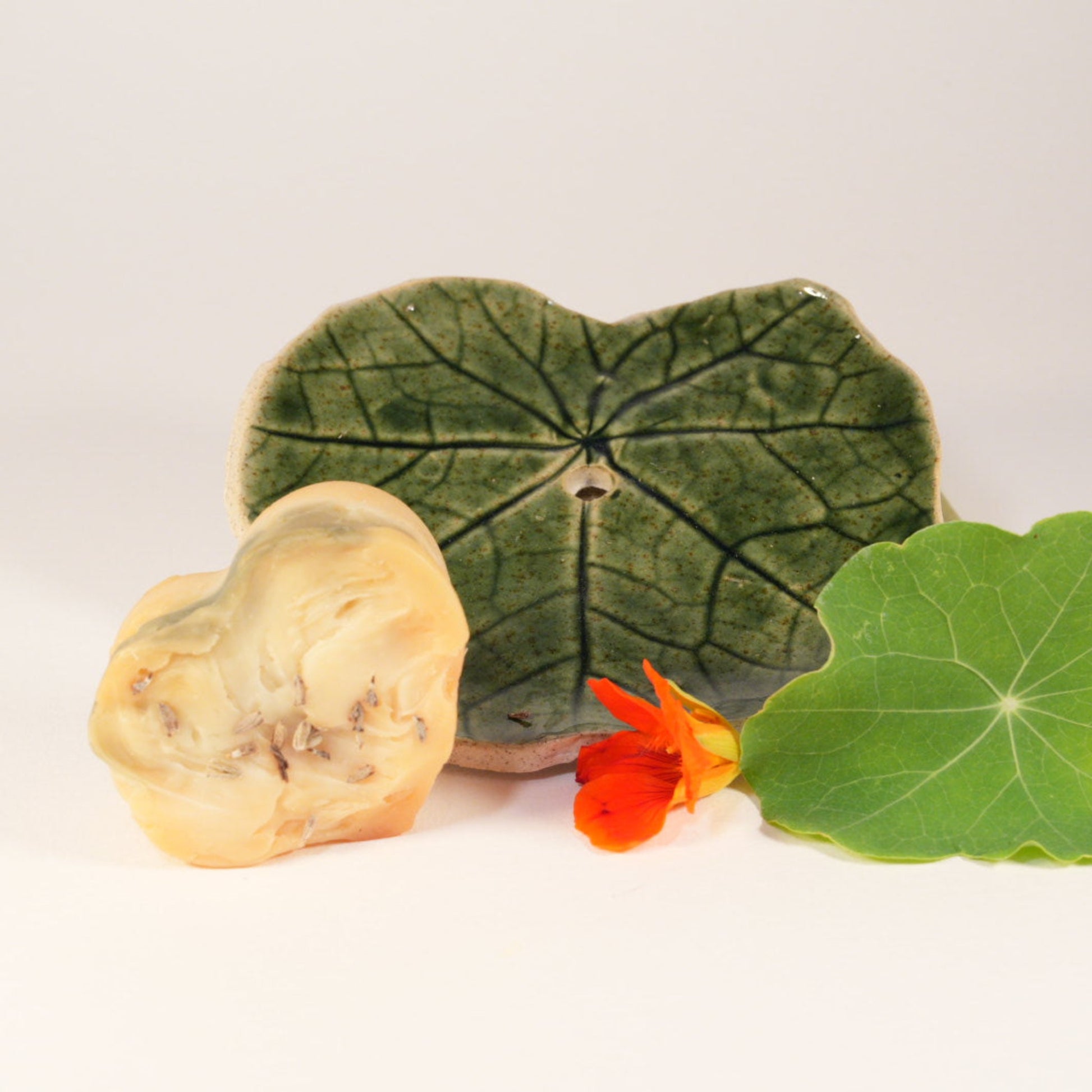 Nasturtium Soap Dish with Green Goddess Cleansing Bar and flower