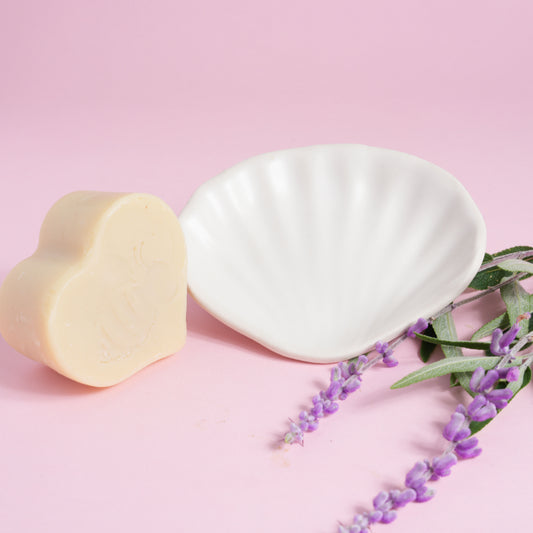 Ocean-inspired ceramic soap dish with natural botanical soap. A beautiful Australian-made gift set for self-care or Mother’s Day.