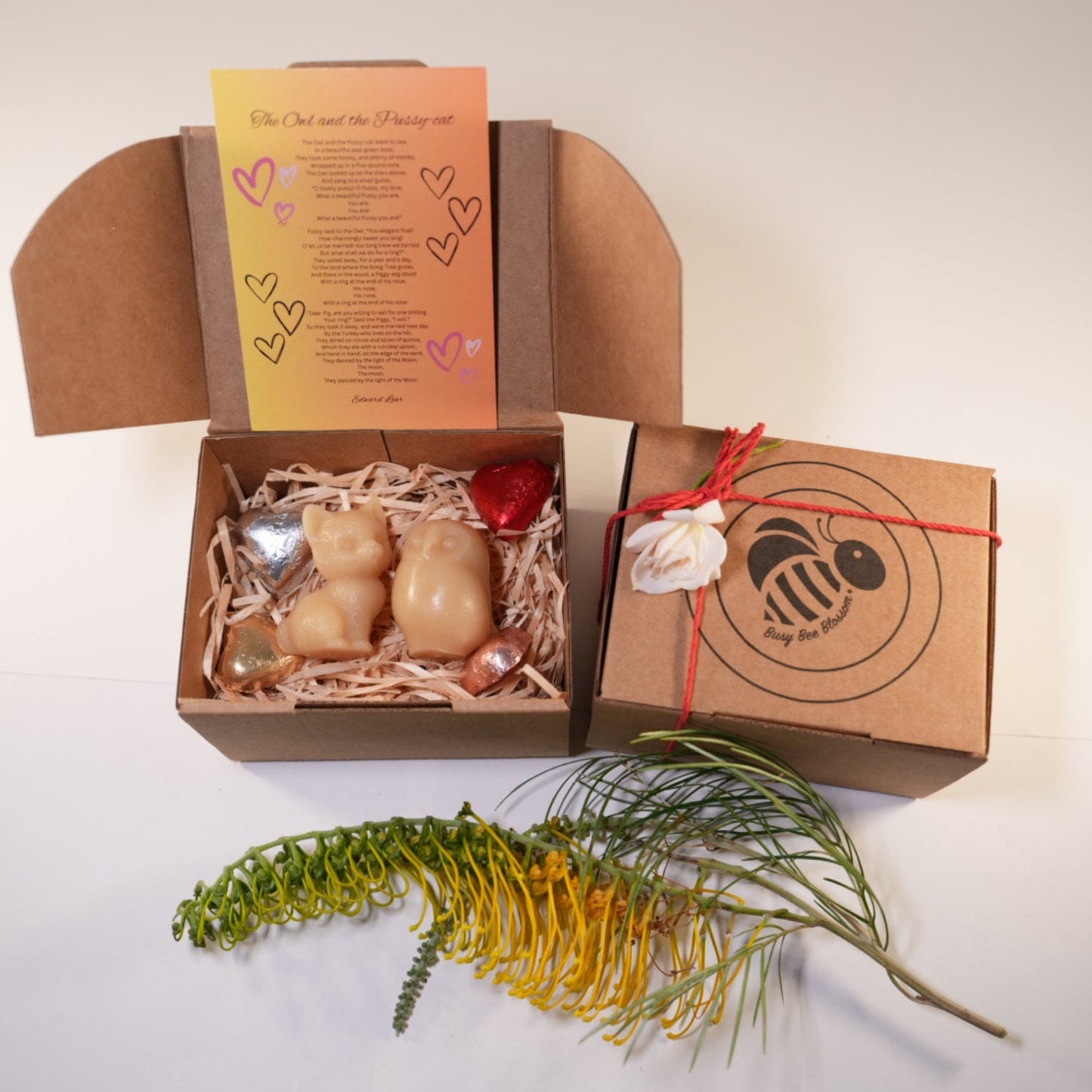Owl and the Pussy-cat Gift box set has two beeswax candles, poem and chocolates - perfect for Mother's Day