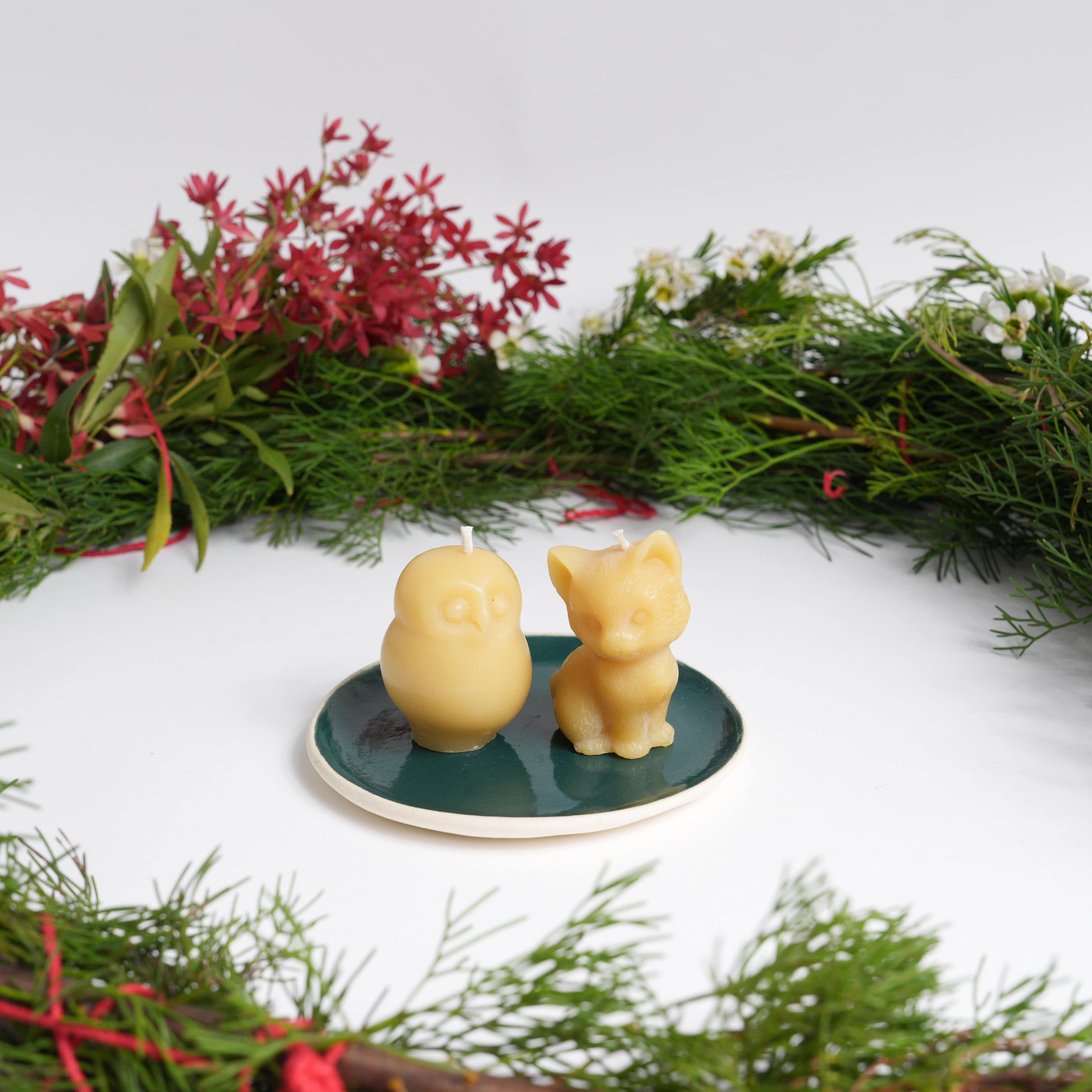 Owl and the Pussycat beeswax candles on green ceramic dish with Christmas wreath