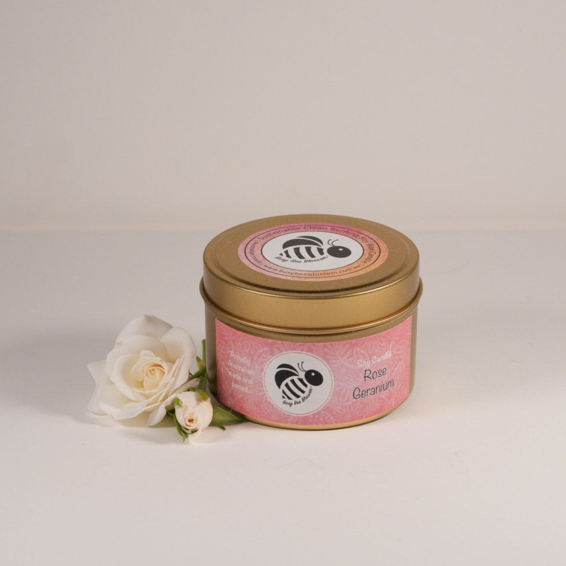 Rose Geranium Gold Travel Tin Soy Candle with roses
