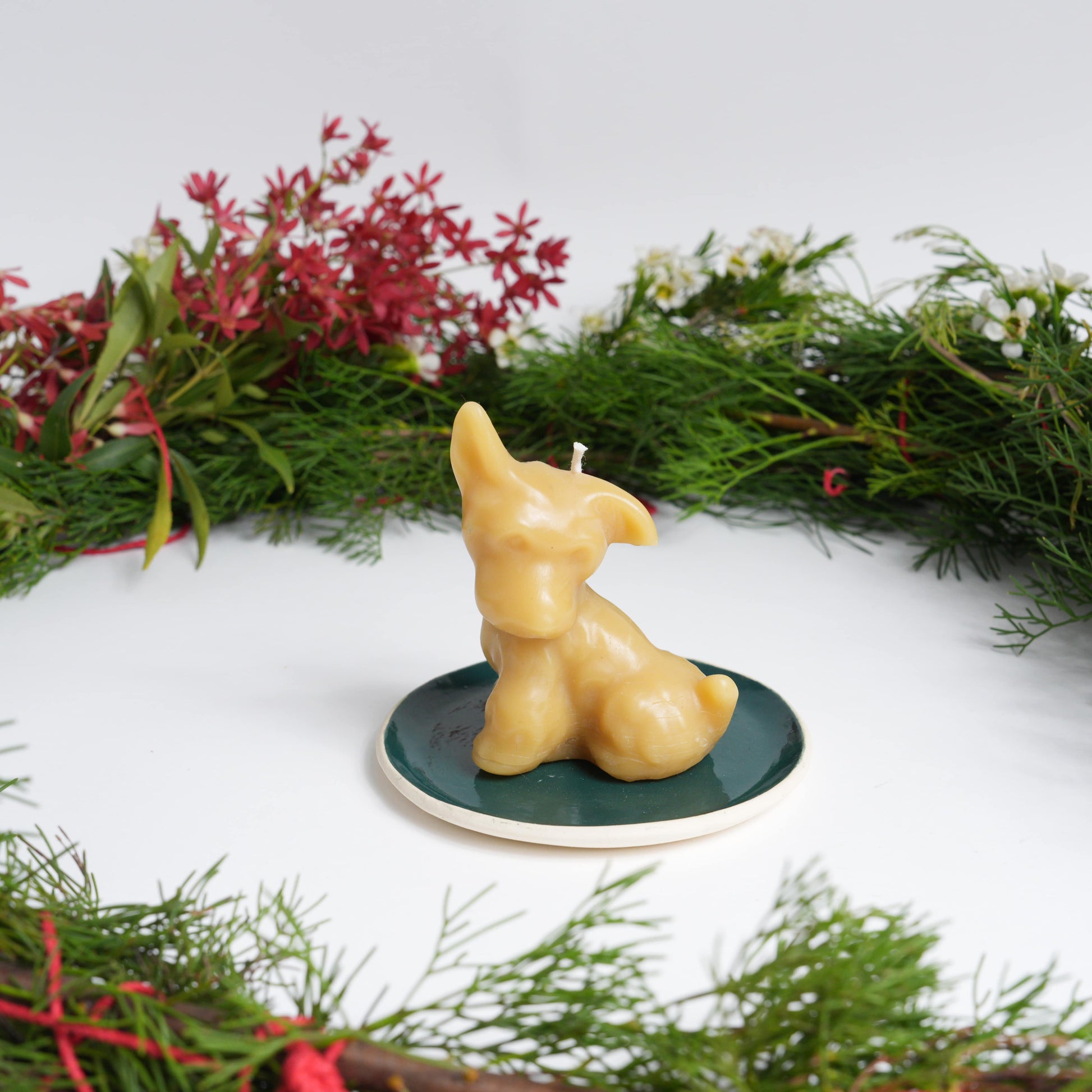 Scotty dog beeswax candle on green ceramic dish with Christmas wreath
