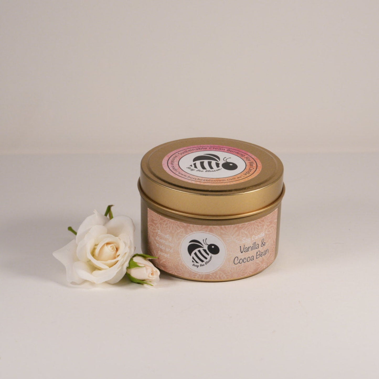 Vanilla and Cocoa Gold Travel Tin Soy Candle with roses