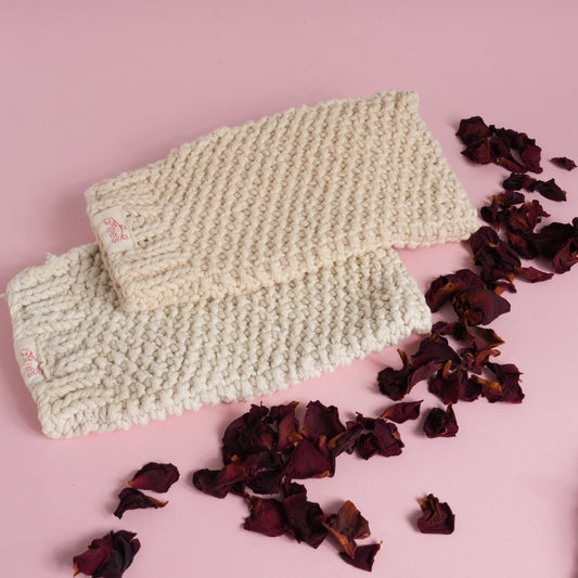 Hand knitted cotton shower mitt for gentle cleansing
