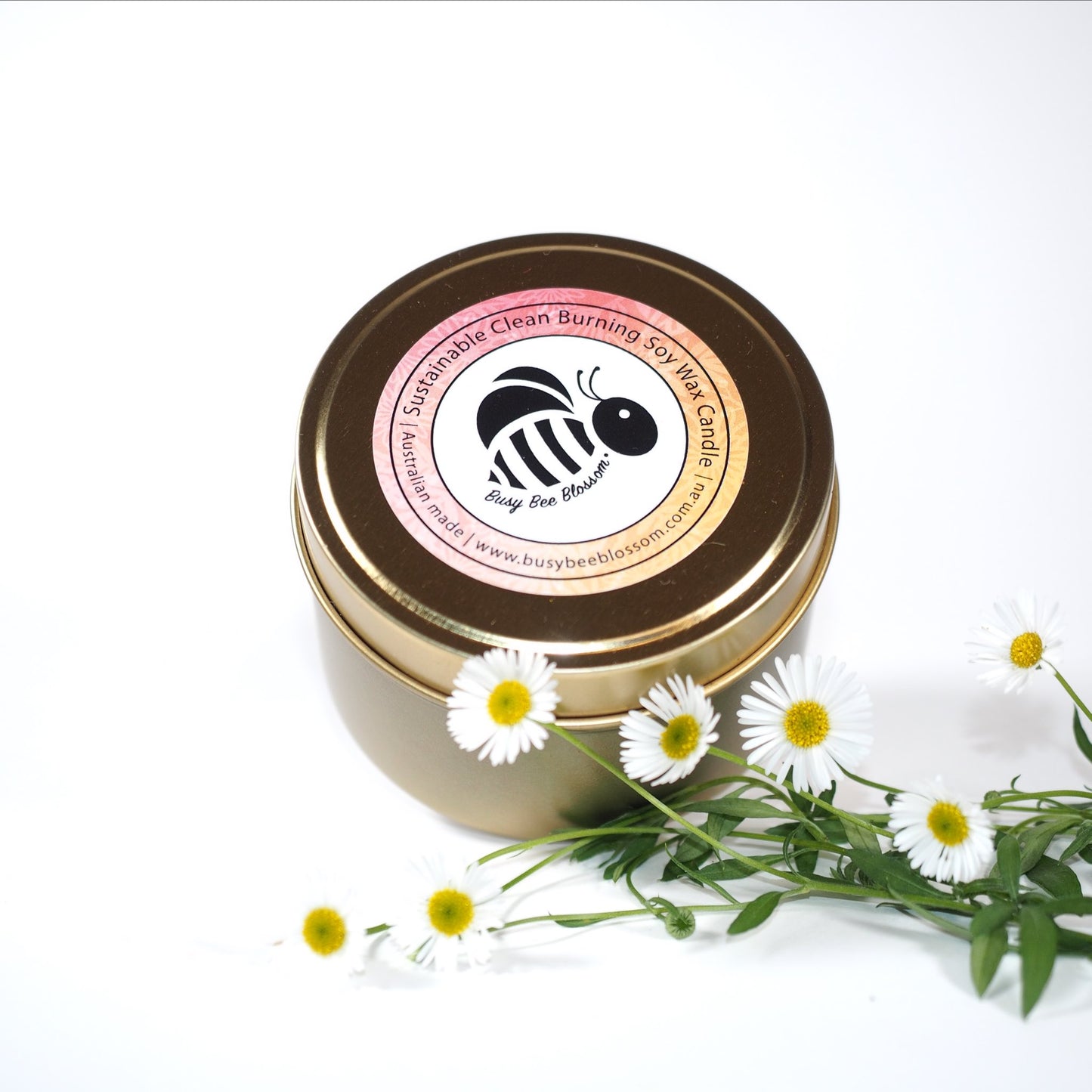 Busy Bee Blossom Australian made gold travel tin in coconut and soy wax scented in Bergamot and Banksia