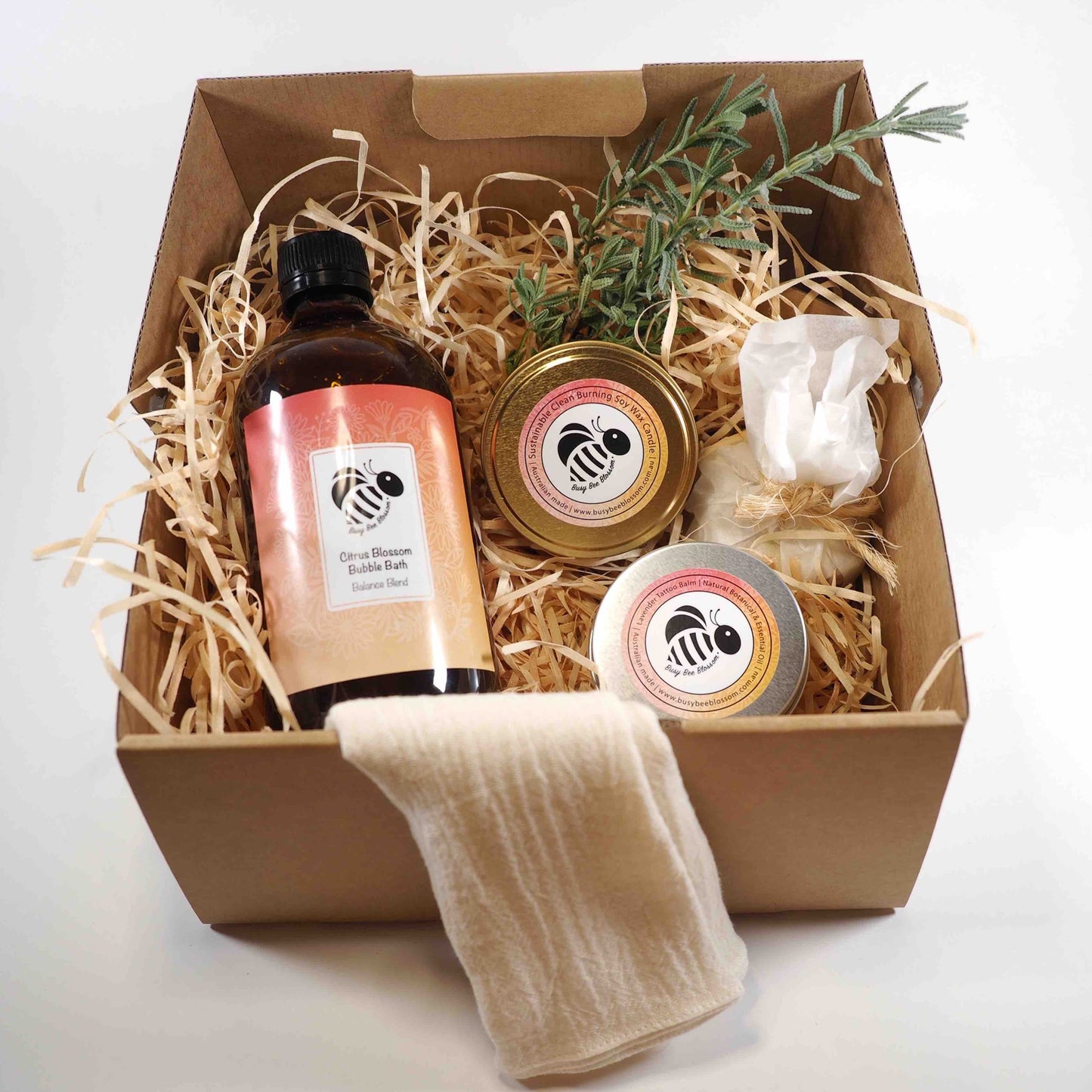 Bubble and Glow skin care gift set with Bubble bath, AU candle, Cleansing soap bar, Lavender Tattoo balm