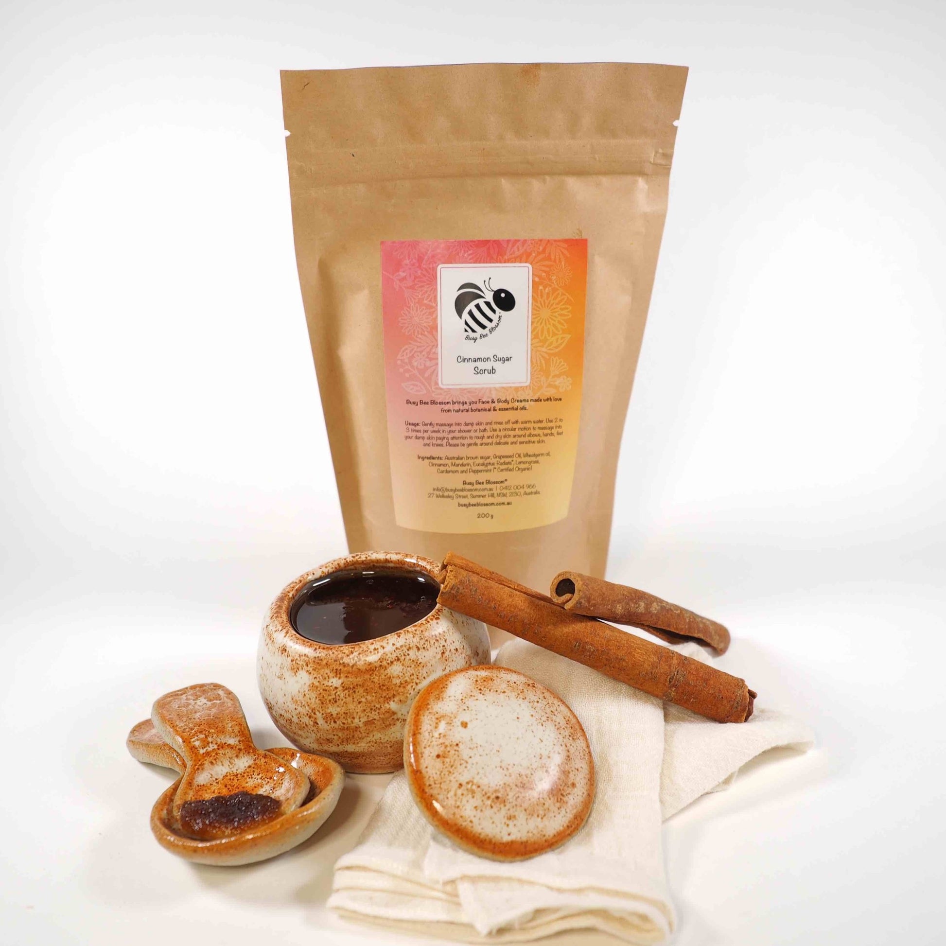 Cinnamon Sugar Body Scrub pouch, ceramic sugar pot, spoons and organic cotton muslin facecloth.