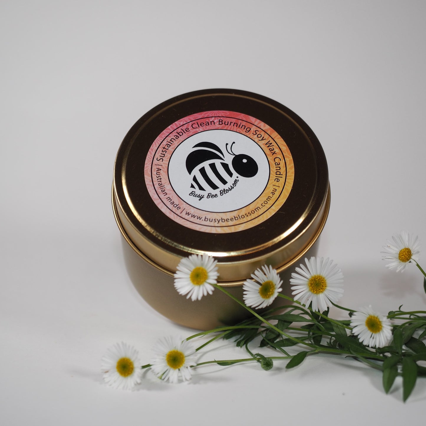 Gold travel tin candle in one of eight blossom scents with coconut and soy wax. Daisies from my garden.