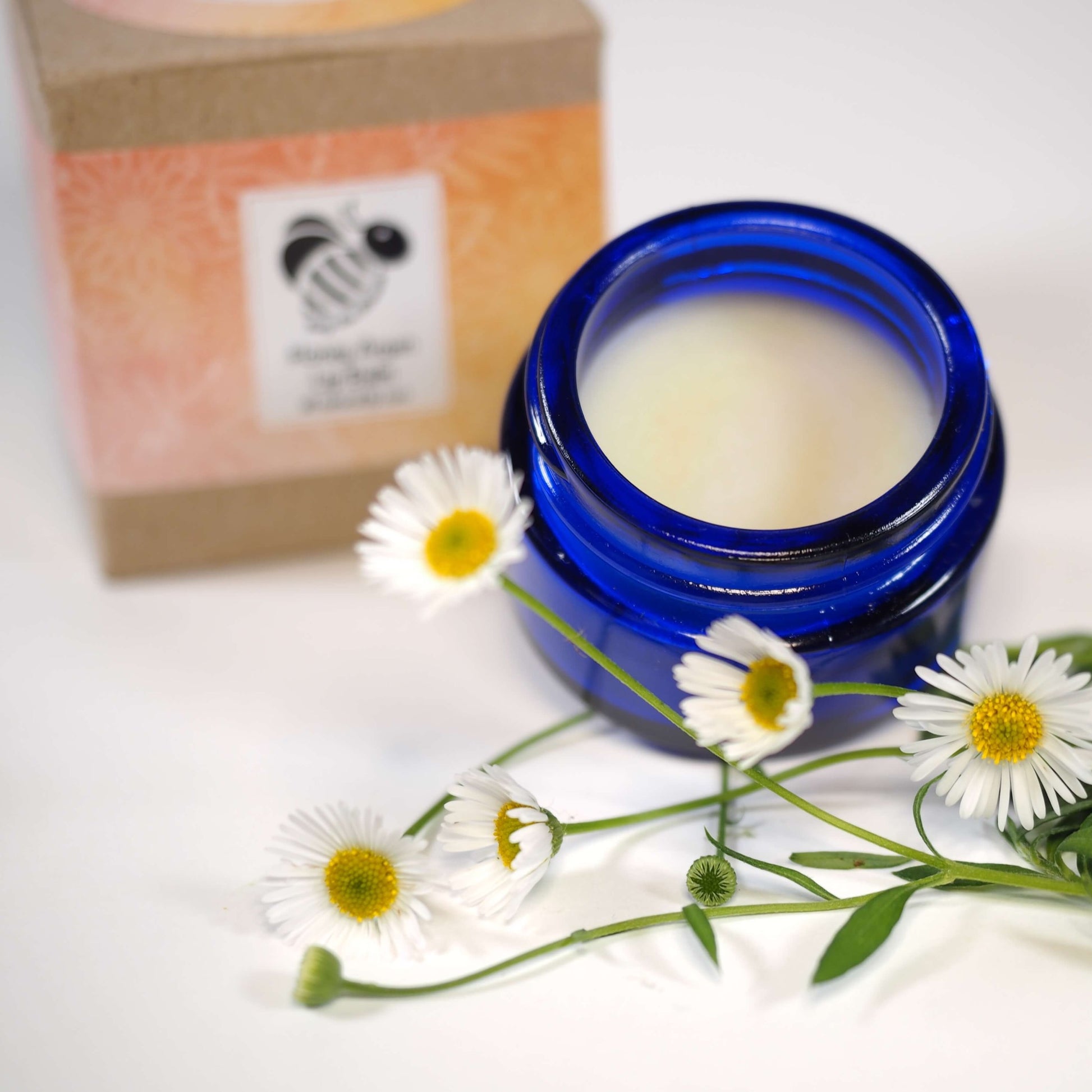 Honey Argan Lip Balm open with package and daisies